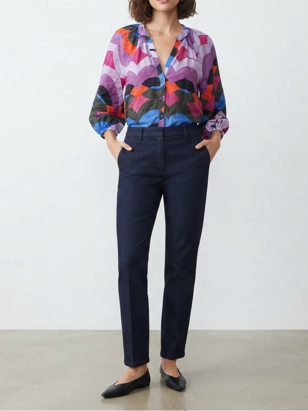 ✨ Karlie Abstract Geometric Psychedelic Print V-Neck Blouse Purple Blue Size S❤️